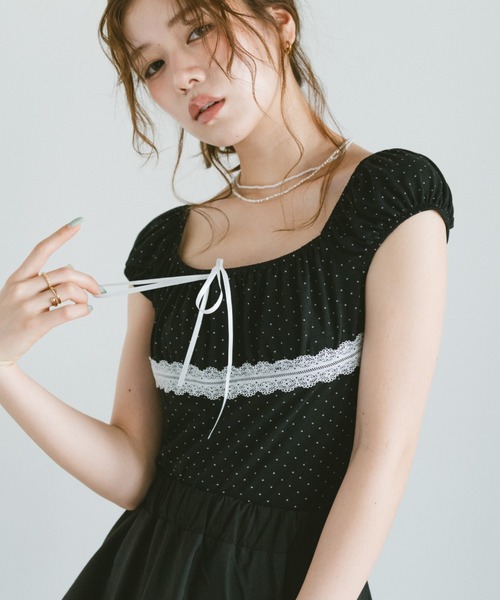 VANNIE U(ヴァニーユー)の「レース切り替えドットミニパフスリーブトップス(Tシャツ/カットソー・レディース・ホワイト/ブラック・FREE)」の10枚目の写真