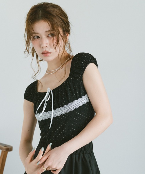 VANNIE U(ヴァニーユー)の「レース切り替えドットミニパフスリーブトップス(Tシャツ/カットソー・レディース・ホワイト/ブラック・FREE)」の8枚目の写真