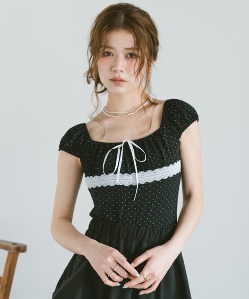 VANNIE U(ヴァニーユー)の「レース切り替えドットミニパフスリーブトップス(Tシャツ/カットソー・レディース・ホワイト/ブラック・FREE)」の11枚目の写真