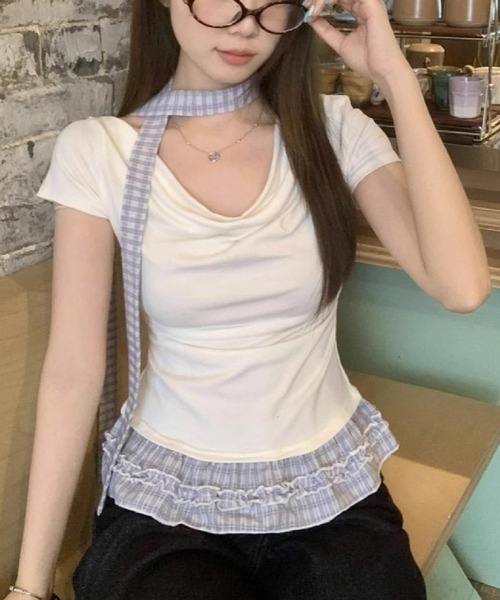 HALEY PESCA(ヘーリーペスカ)の「HALEY PESCA/ドレープネック リボンレイヤードトップス(Tシャツ/カットソー・レディース・ホワイト/ブラック/ダークグレー/グレー・SMALL/MEDIUM)」の2枚目の写真
