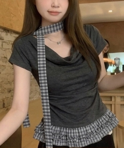 HALEY PESCA(ヘーリーペスカ)の「HALEY PESCA/ドレープネック リボンレイヤードトップス(Tシャツ/カットソー・レディース・ホワイト/ブラック/ダークグレー/グレー・SMALL/MEDIUM)」の4枚目の写真