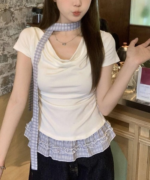 HALEY PESCA(ヘーリーペスカ)の「HALEY PESCA/ドレープネック リボンレイヤードトップス(Tシャツ/カットソー・レディース・ホワイト/ブラック/ダークグレー/グレー・SMALL/MEDIUM)」の6枚目の写真