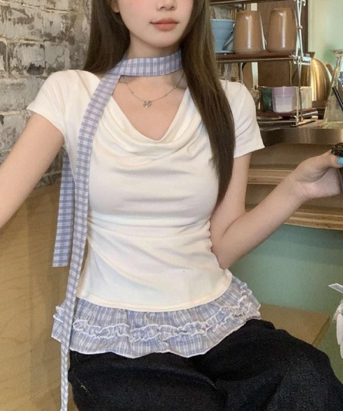 HALEY PESCA(ヘーリーペスカ)の「HALEY PESCA/ドレープネック リボンレイヤードトップス(Tシャツ/カットソー・レディース・ホワイト/ブラック/ダークグレー/グレー・SMALL/MEDIUM)」の8枚目の写真