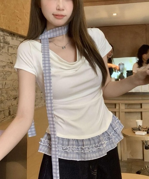 HALEY PESCA(ヘーリーペスカ)の「HALEY PESCA/ドレープネック リボンレイヤードトップス(Tシャツ/カットソー・レディース・ホワイト/ブラック/ダークグレー/グレー・SMALL/MEDIUM)」の10枚目の写真