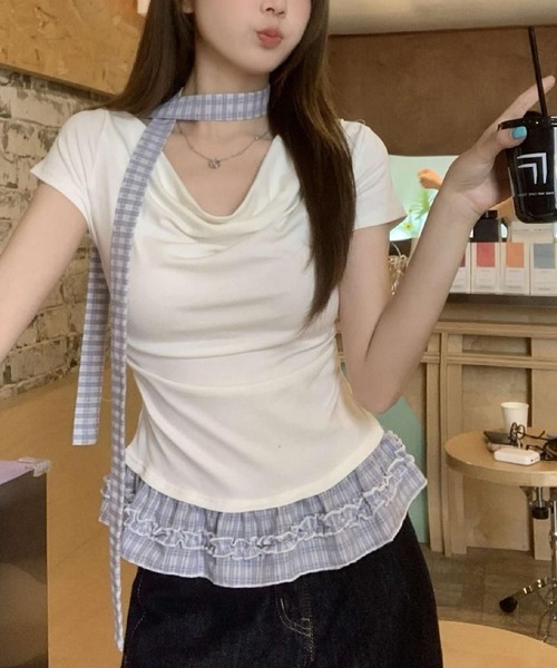 HALEY PESCA(ヘーリーペスカ)の「HALEY PESCA/ドレープネック リボンレイヤードトップス(Tシャツ/カットソー・レディース・ホワイト/ブラック/ダークグレー/グレー・SMALL/MEDIUM)」の5枚目の写真