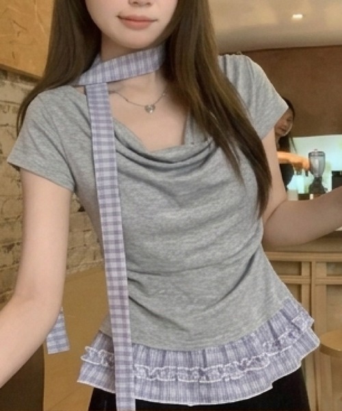 HALEY PESCA(ヘーリーペスカ)の「HALEY PESCA/ドレープネック リボンレイヤードトップス(Tシャツ/カットソー・レディース・ホワイト/ブラック/ダークグレー/グレー・SMALL/MEDIUM)」の7枚目の写真