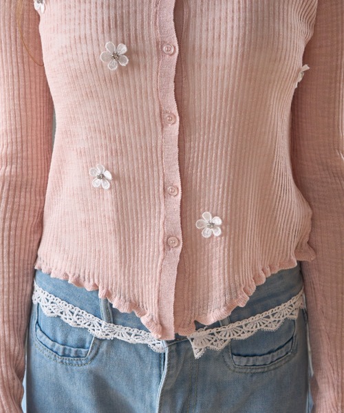 Birthday room(バースデイルーム)の「花モチーフシアーCD/Sheer Cardigan with Floral Motif(カーディガン/ボレロ・レディース・ピンク/オフホワイト/グレー・FREE)」の5枚目の写真