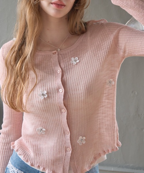 Birthday room(バースデイルーム)の「花モチーフシアーCD/Sheer Cardigan with Floral Motif(カーディガン/ボレロ・レディース・ピンク/オフホワイト/グレー・FREE)」の9枚目の写真
