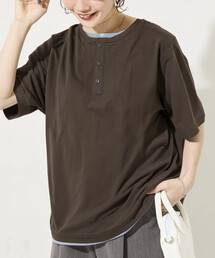 限定展開 フェイクレイヤード ヘンリーネック カットソー/ 半袖 Tシャツ