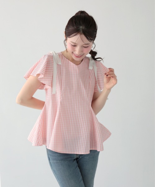 Fit more(フィットモア)の「ショルダーリボンギンガムAライントップス(その他トップス・レディース・ピンク/ベージュ/ブラック・FREE)」の5枚目の写真
