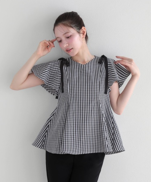 Fit more(フィットモア)の「ショルダーリボンギンガムAライントップス(その他トップス・レディース・ピンク/ベージュ/ブラック・FREE)」の6枚目の写真