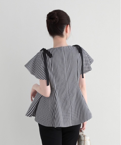 Fit more(フィットモア)の「ショルダーリボンギンガムAライントップス(その他トップス・レディース・ピンク/ベージュ/ブラック・FREE)」の7枚目の写真
