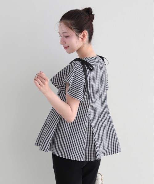 Fit more(フィットモア)の「ショルダーリボンギンガムAライントップス(その他トップス・レディース・ピンク/ベージュ/ブラック・FREE)」の8枚目の写真