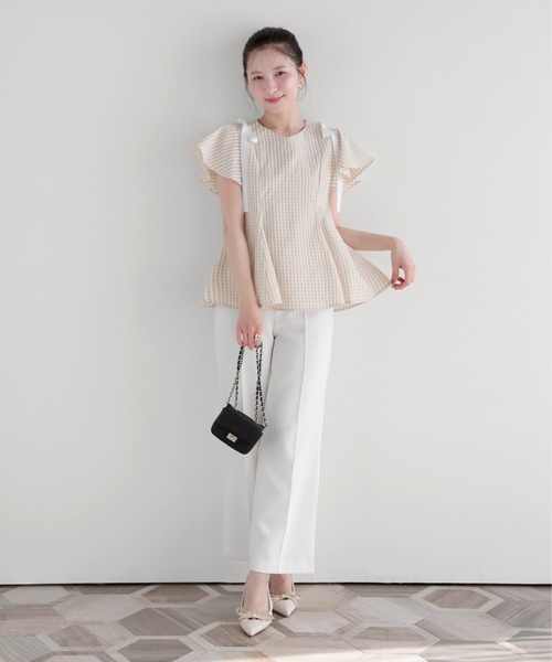 Fit more(フィットモア)の「ショルダーリボンギンガムAライントップス(その他トップス・レディース・ピンク/ベージュ/ブラック・FREE)」の11枚目の写真
