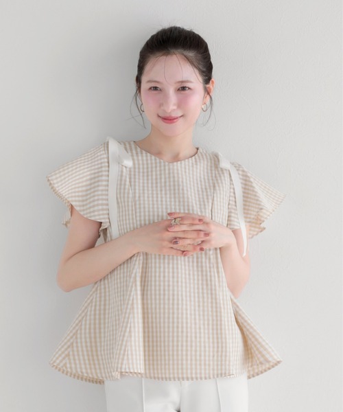 Fit more(フィットモア)の「ショルダーリボンギンガムAライントップス(その他トップス・レディース・ピンク/ベージュ/ブラック・FREE)」の13枚目の写真