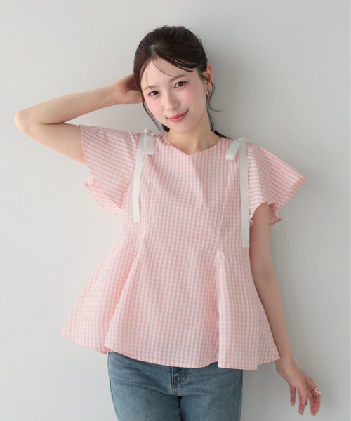 Fit more(フィットモア)の「ショルダーリボンギンガムAライントップス(その他トップス・レディース・ピンク/ベージュ/ブラック・FREE)」の14枚目の写真