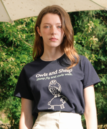 Owl & Sheep Art Work Printing T-shirt (Navy)