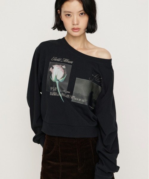 SLY(スライ)の「ONE SHOULDER MIX GRAPHIC TOPS ワンショルダーミックスグラフィックトップス 秋服 冬服(Tシャツ/カットソー・レディース・杢グレー/オフホワイト/ブラック・FREE)」の2枚目の写真