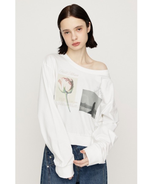 SLY(スライ)の「ONE SHOULDER MIX GRAPHIC TOPS ワンショルダーミックスグラフィックトップス 秋服 冬服(Tシャツ/カットソー・レディース・杢グレー/オフホワイト/ブラック・FREE)」の4枚目の写真