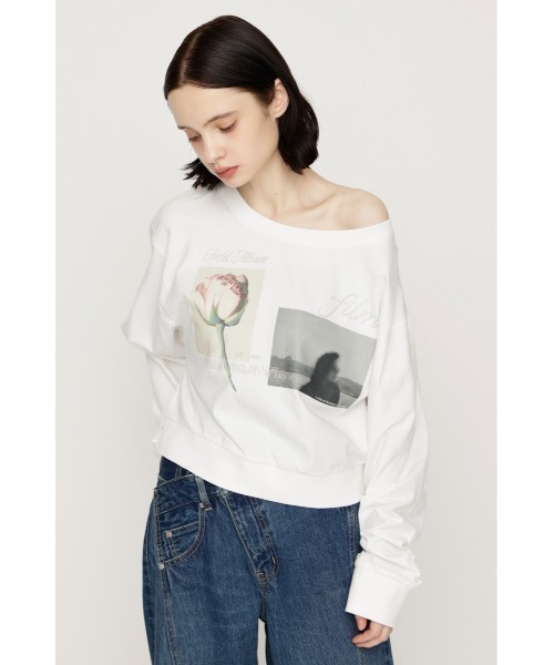 SLY(スライ)の「ONE SHOULDER MIX GRAPHIC TOPS ワンショルダーミックスグラフィックトップス 秋服 冬服(Tシャツ/カットソー・レディース・杢グレー/オフホワイト/ブラック・FREE)」の6枚目の写真