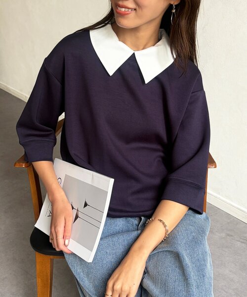 Chez toi(シェトワ)の「襟付きプルオーバー(Tシャツ/カットソー・レディース・オレンジ/ネイビー・FREE)」の1枚目の写真