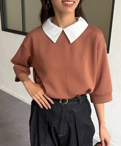 Chez toi(シェトワ)の「襟付きプルオーバー(Tシャツ/カットソー・レディース・オレンジ/ネイビー・FREE)」の2枚目の写真