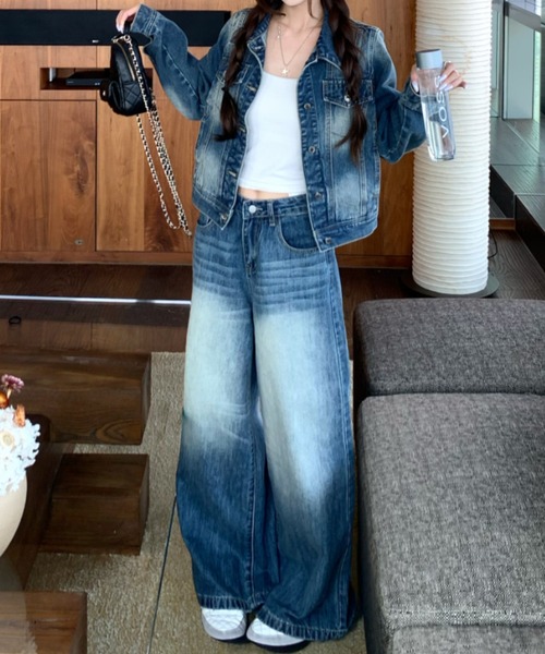 FLINEA(フリネア)の「デニム長袖ジャケット&ワイドパンツセットアップ(セットアップ・レディース・ブルー・S/M/L/XL)」の1枚目の写真