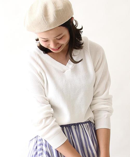 coen（コーエン）の「【スマイルプライス】カラーコットンVネックニット（ニット/セーター・レディース・ネイビー/ベージュ/ピンク/ホワイト・LARGE/MEDIUM）」の2枚目の写真