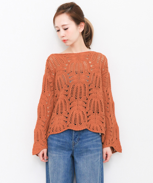 KBF（ケイビーエフ）の「KBF レース編みフレアスリーブプルオーバー（ニット/セーター・レディース・オレンジ/ベージュ/ライトブルー・ONE）」の4枚目の写真