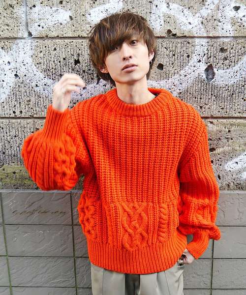 SUPERTHANKS（スーパーサンクス）の「ケーブルニットクルーネック（ニット/セーター・メンズ・オレンジ/カーキ/ナチュラル/ブラック・LARGE/MEDIUM/SMALL）」の4枚目の写真