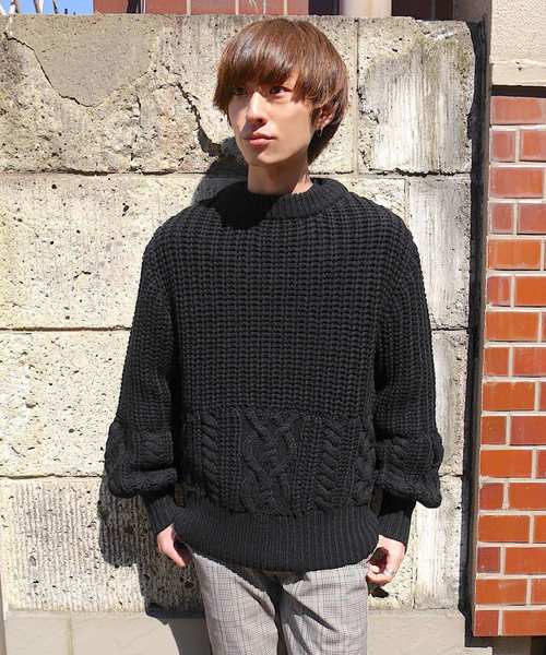 SUPERTHANKS（スーパーサンクス）の「ケーブルニットクルーネック（ニット/セーター・メンズ・オレンジ/カーキ/ナチュラル/ブラック・LARGE/MEDIUM/SMALL）」の7枚目の写真