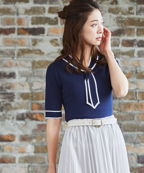 12Twelve Agenda（トゥエルブ　アジェンダ）の「配色ボウタイ5分袖ニットプルオーバー（ニット/セーター・レディース・ベージュ/ネイビー/ブラック/オフホワイト・M）」の4枚目の写真