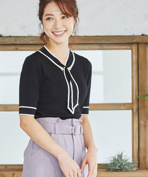 12Twelve Agenda（トゥエルブ　アジェンダ）の「配色ボウタイ5分袖ニットプルオーバー（ニット/セーター・レディース・ベージュ/ネイビー/ブラック/オフホワイト・M）」の2枚目の写真