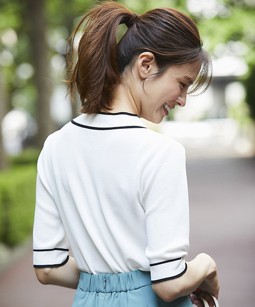 12Twelve Agenda（トゥエルブ　アジェンダ）の「配色ボウタイ5分袖ニットプルオーバー（ニット/セーター・レディース・ベージュ/ネイビー/ブラック/オフホワイト・M）」の11枚目の写真