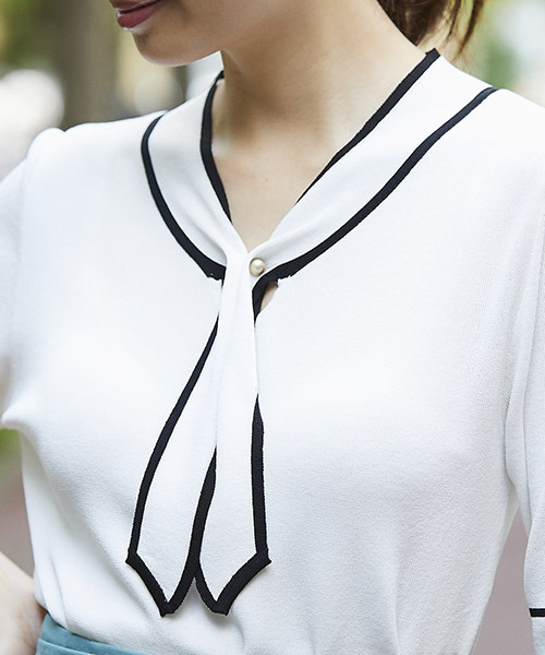 12Twelve Agenda（トゥエルブ　アジェンダ）の「配色ボウタイ5分袖ニットプルオーバー（ニット/セーター・レディース・ベージュ/ネイビー/ブラック/オフホワイト・M）」の12枚目の写真