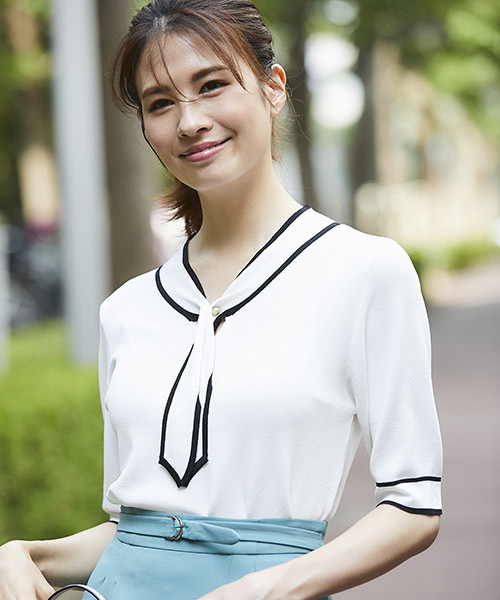 12Twelve Agenda（トゥエルブ　アジェンダ）の「配色ボウタイ5分袖ニットプルオーバー（ニット/セーター・レディース・ベージュ/ネイビー/ブラック/オフホワイト・M）」の13枚目の写真