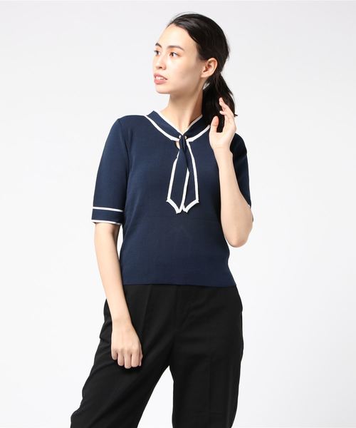 12Twelve Agenda（トゥエルブ　アジェンダ）の「配色ボウタイ5分袖ニットプルオーバー（ニット/セーター・レディース・ベージュ/ネイビー/ブラック/オフホワイト・M）」の22枚目の写真