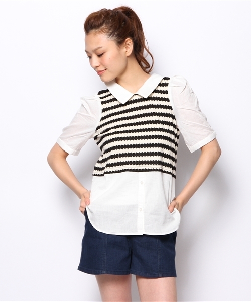 mystic（ミスティック）の「重ね着風5分袖シャツ（シャツ/ブラウス・レディース・ブラック/ネイビー/レッド・ﾌﾘ-）」の16枚目の写真