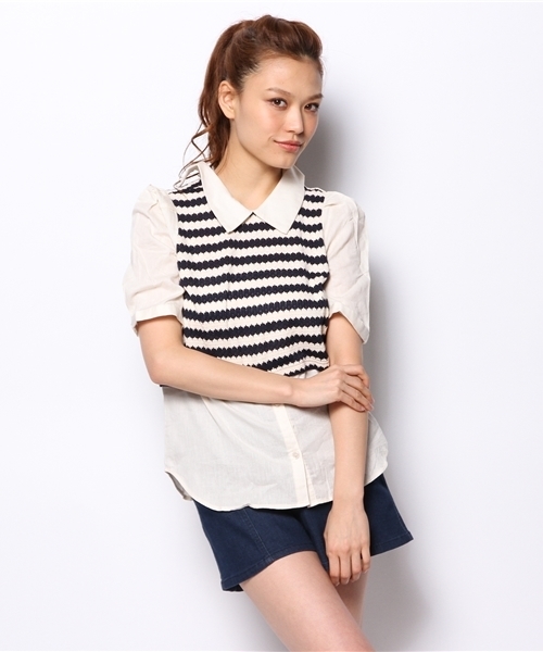 mystic（ミスティック）の「重ね着風5分袖シャツ（シャツ/ブラウス・レディース・ブラック/ネイビー/レッド・ﾌﾘ-）」の3枚目の写真