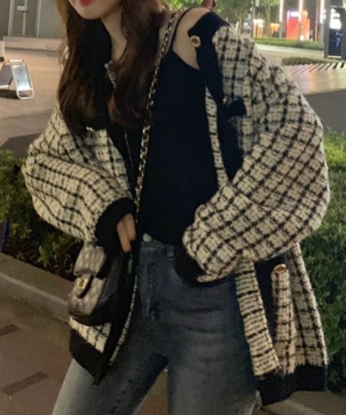 MANGROVE（マングローブ）の「ツイードニットクルーネックジャケット（ノーカラージャケット・レディース・ホワイト/ブラック・FREE）」の4枚目の写真