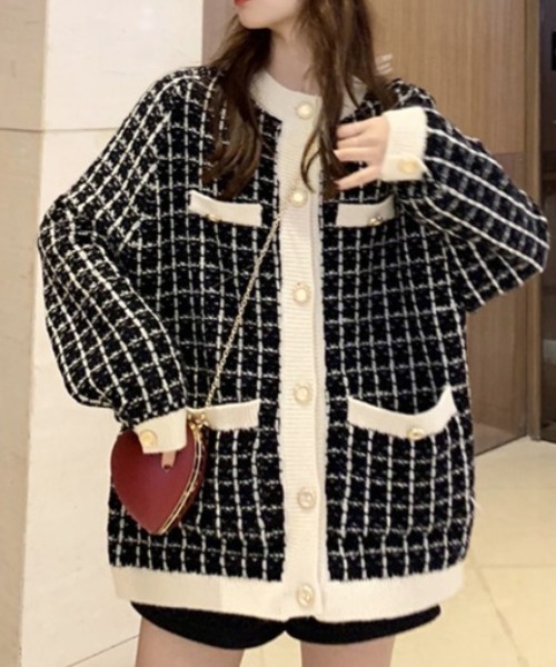 MANGROVE（マングローブ）の「ツイードニットクルーネックジャケット（ノーカラージャケット・レディース・ホワイト/ブラック・FREE）」の3枚目の写真