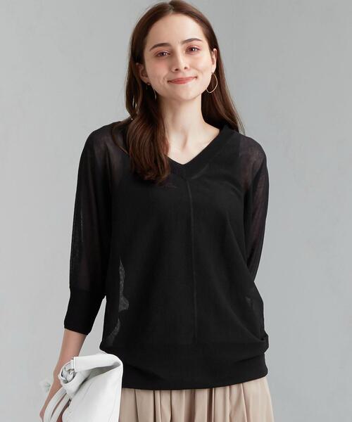 green label relaxing（グリーンレーベルリラクシング）の「[ 手洗い可能 ] FM シアー ドルマン プルオーバー ニット（ニット/セーター・レディース・ブラック/ライム/ナチュラル・FREE）」の2枚目の写真