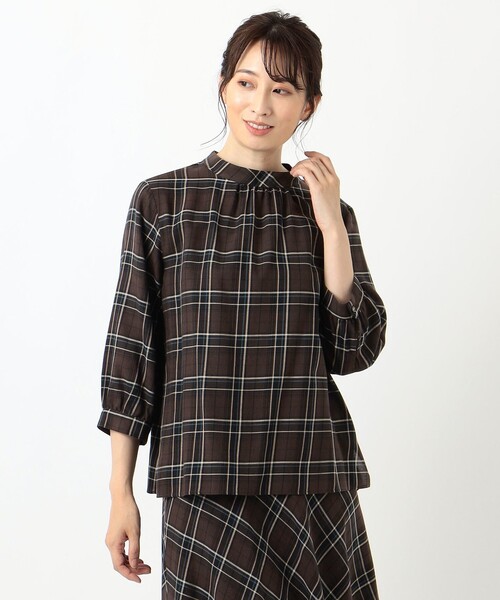 J.PRESS Ladies(J.プレス レディス)の「【洗える】セルローススタンドカラーチェック ブラウス(シャツ/ブラウス・レディース・ダークブラウン系3/ネイビー系3・XS)」の7枚目の写真
