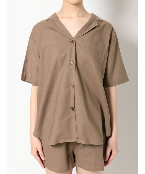 EVRIS（エヴリス）の「リネンブレンドオープンカラーシャツ（シャツ/ブラウス・レディース・ブラウン/アイボリー・FREE）」の5枚目の写真