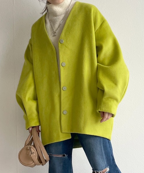 w closet（ダブルクローゼット）の「【新色追加】Vネックショートコート（ノーカラージャケット・レディース・ミント/モカ/キナリ/ライム・FREE）」の4枚目の写真