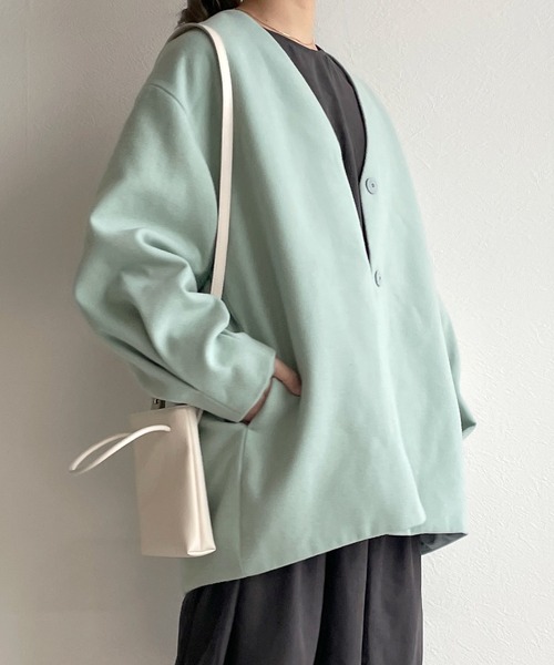 w closet（ダブルクローゼット）の「【新色追加】Vネックショートコート（ノーカラージャケット・レディース・ミント/モカ/キナリ/ライム・FREE）」の1枚目の写真