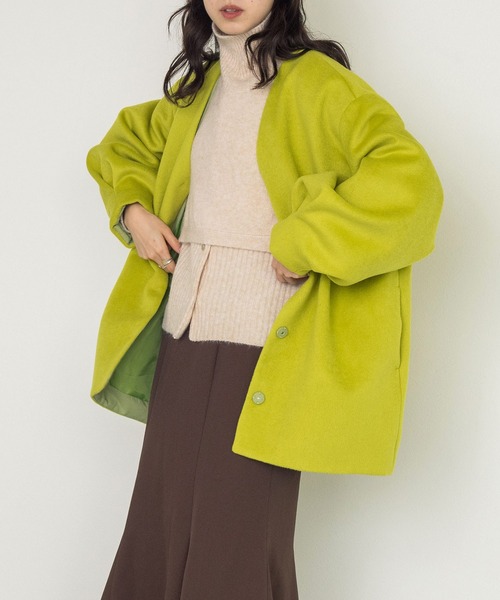 w closet（ダブルクローゼット）の「【新色追加】Vネックショートコート（ノーカラージャケット・レディース・ミント/モカ/キナリ/ライム・FREE）」の7枚目の写真