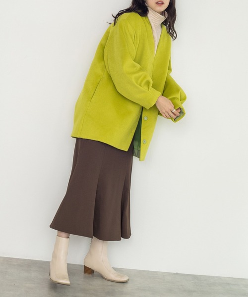 w closet（ダブルクローゼット）の「【新色追加】Vネックショートコート（ノーカラージャケット・レディース・ミント/モカ/キナリ/ライム・FREE）」の14枚目の写真