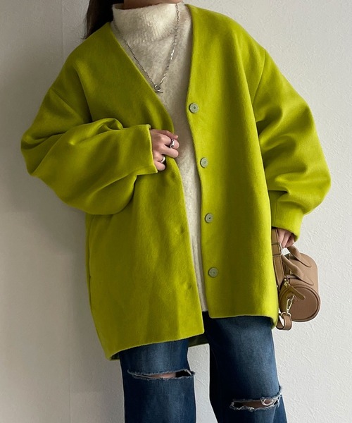 w closet（ダブルクローゼット）の「【新色追加】Vネックショートコート（ノーカラージャケット・レディース・ミント/モカ/キナリ/ライム・FREE）」の21枚目の写真