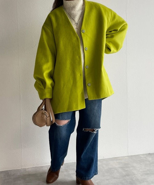 w closet（ダブルクローゼット）の「【新色追加】Vネックショートコート（ノーカラージャケット・レディース・ミント/モカ/キナリ/ライム・FREE）」の20枚目の写真